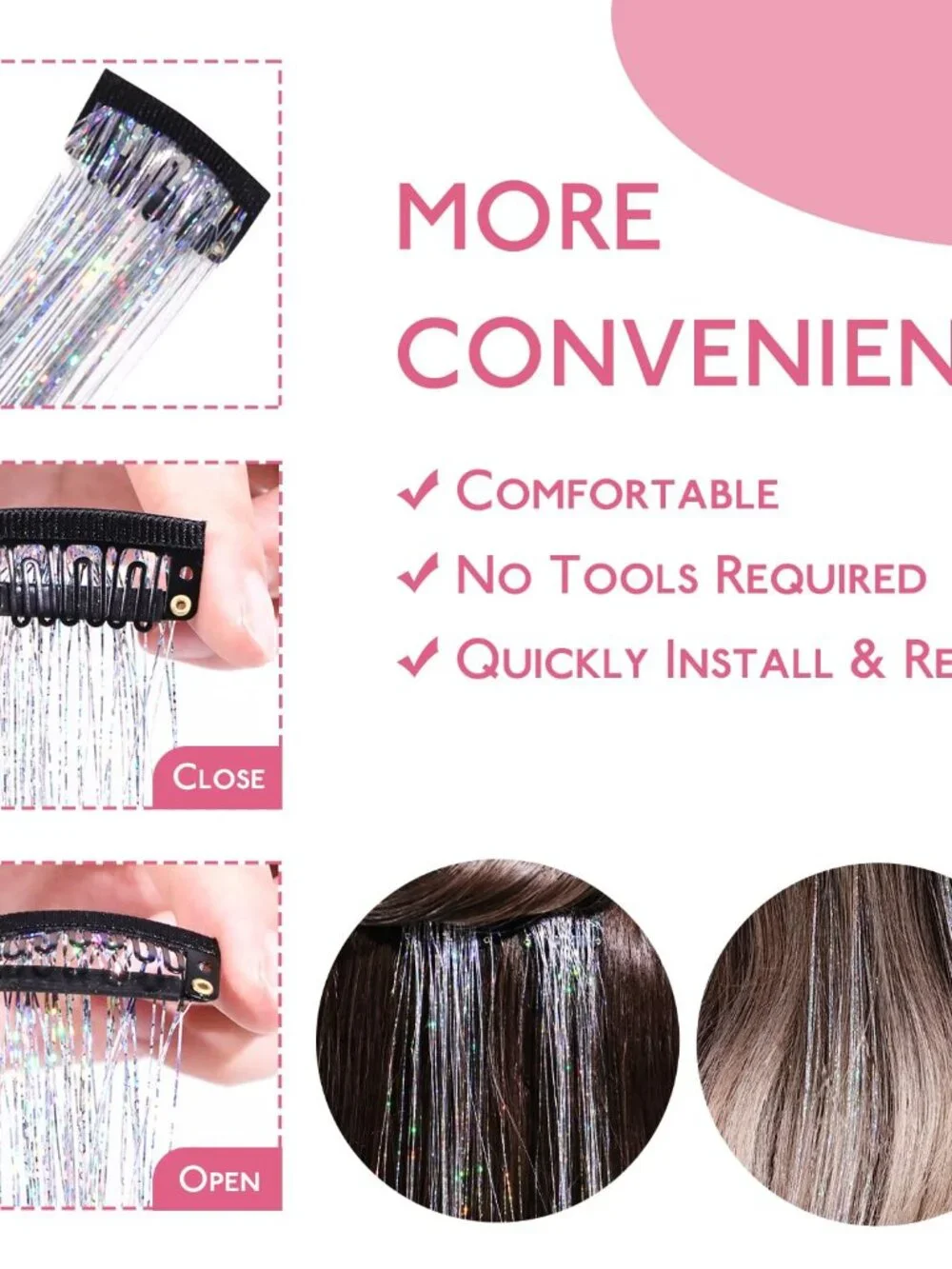 Hair Tinsel Clip In for Girls Silver, 6pcs 24 inch Clips Tinsel Hair Extensions